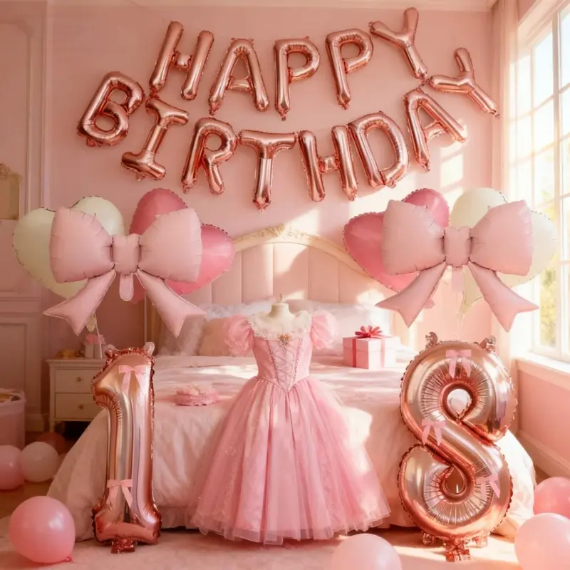 29pcs Birthday Balloon Kit, Rose Gold Number 1-8 Foil Balloons, Heart Bow Balloons, Happy Birthday Banner, Adult 18th Party Decorations, Balloon Set