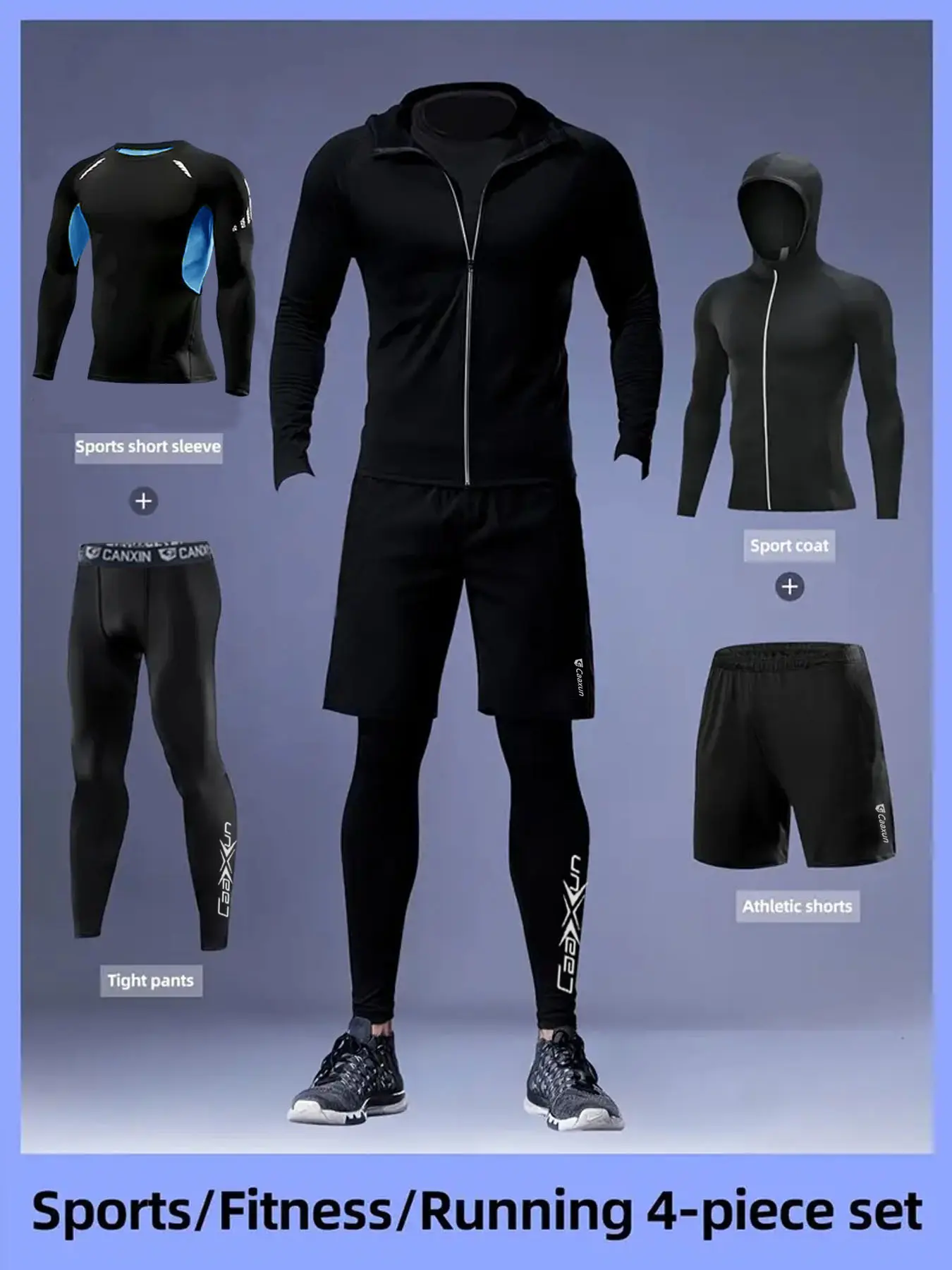 Men's Casual Sports Set, Breathable Compression Long Sleeve Tee, Reflective Zipper Hoodie Jacket, Shorts & Leggings, Ideal for Running Gym Outdoor Activities, Workout Running Outfits, Athletic Tracksuit Set