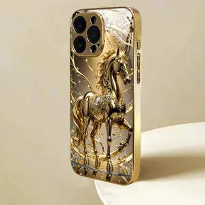 Golden Horse Luxurious High-End Pattern, David Style, Fashionable INS Design, Lightweight, Trendy New Model, Suitable for iPhone 16, Pro Max, 15 Pro, 14 Plus, 13, 12, 17 New Electroplated Gold Phone Case, High-End Protective Case