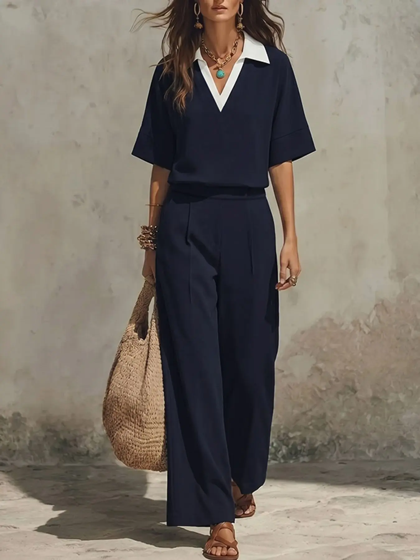 ZANZEA Women's Fashion Commuter Style, Minimalist, Oversized, Stand Collar V Neck Five-Quarter Sleeve Colorblock Loose Cover-Up, Pleated Solid Long Pants Set, Palazzo Set, Suits, Casual Two-Piece
