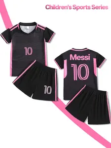 Boys' football sportswear set, Football Kits, featuring a contrasting color design with a black base and pink edges, paired with the "Messi 10" logo, has a trendy and cool style suitable for scenarios such as football training and daily sports.