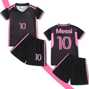 Boys' football sportswear set, Football Kits, featuring a contrasting color design with a black base and pink edges, paired with the "Messi 10" logo, has a trendy and cool style suitable for scenarios such as football training and daily sports.