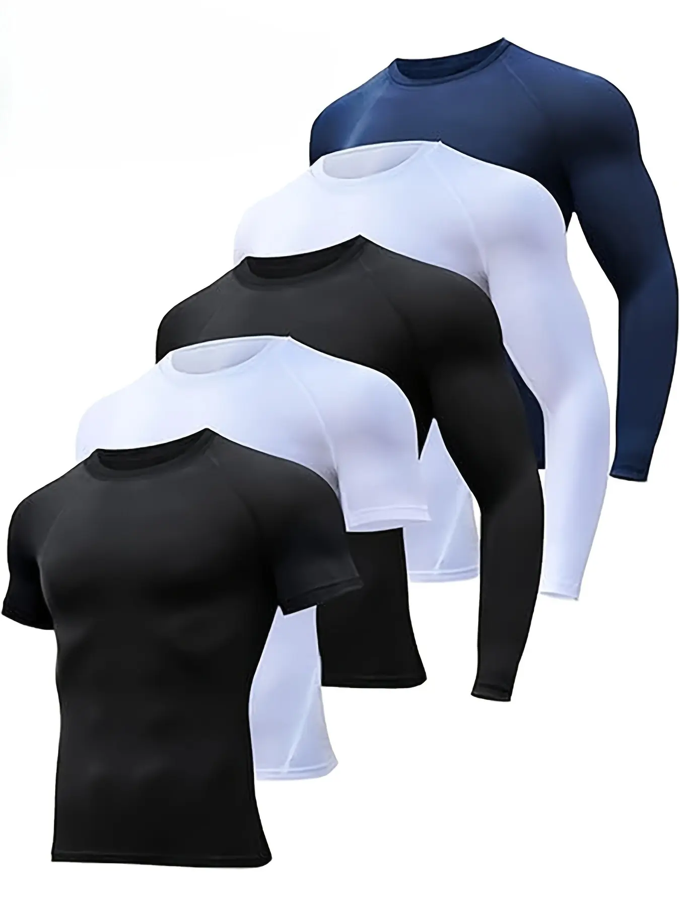 Men's 5-Piece Compression Sportswear Set - Slim Fit Short & Long Sleeve T-Shirts in Black White Navy for High-Intensity Training,summerwins summerwins