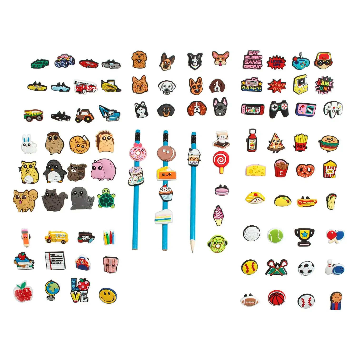 Classroom Reward Rubber Pencil Charms Assortment, 3/4", Bulk 192 Pcs, Charm Accessory, Animal