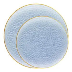 Clear Blue with Gold Rim Hammered Glass Disposable Plastic Dinnerware Value Set