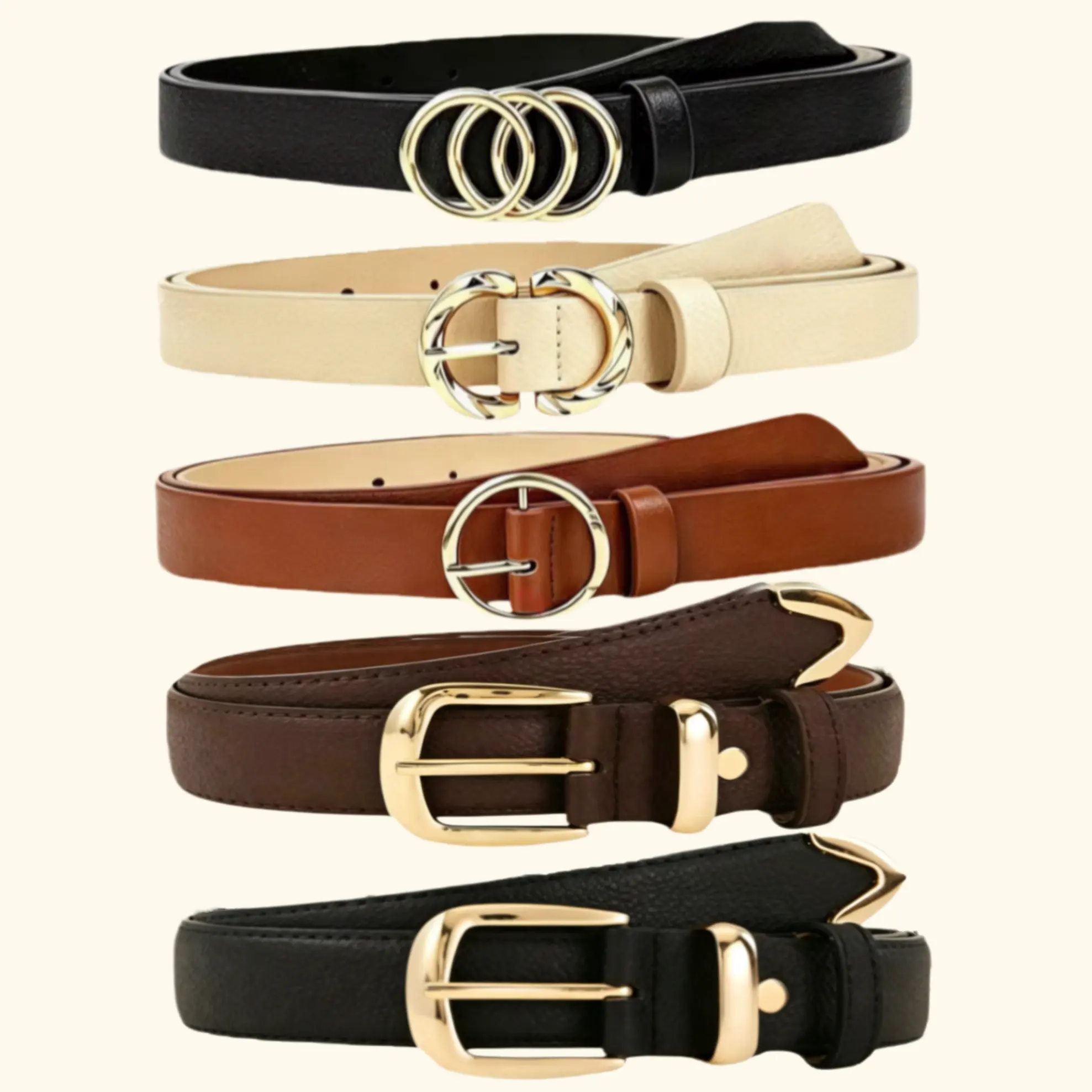 5 Pack Women's Everyday Versatile Belts, Classic Gold Multi Buckle Styles Pin Triple Ring C Shaped Round Buckle Waist Belts for Women, Adjustable All-Match Belts for Jeans Dresses Daily Casual Work Outfits, Multi Neutral Colors Fit Most Waist Sizes