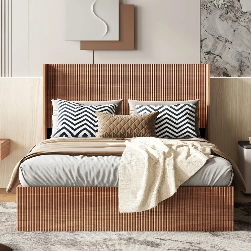 Queen Bed Frame, Sturdy Modern Wooden Platform Bed with Rustic Brown Slatted Natural Wood, Large Groove Lines Undulating Design, Lift Storage, No Box Spring Needed, Noise-Free