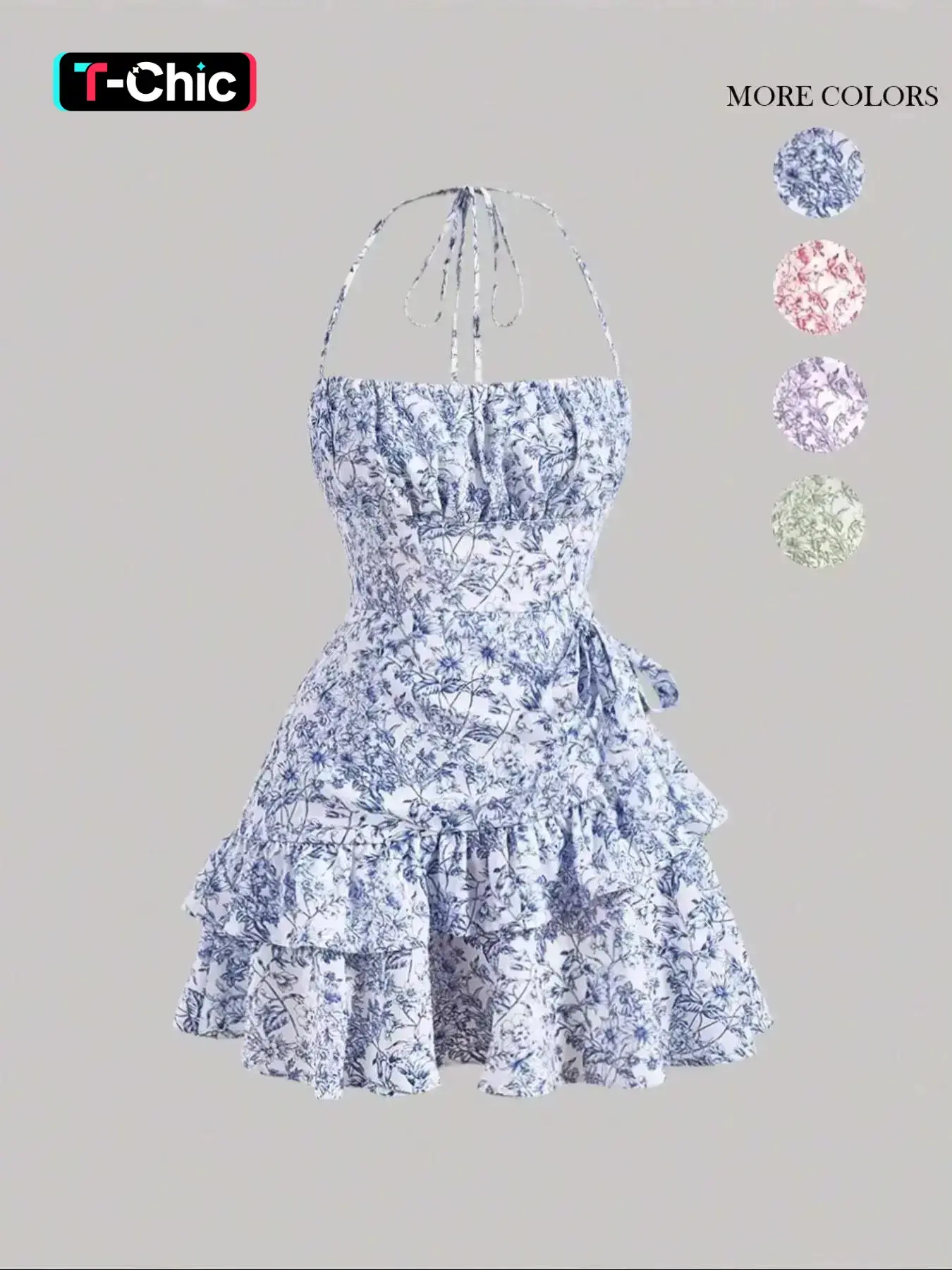 Women's Ditsy Floral Print Ruffle Trim Front and Back Tie Cami Sleeveless Dress, Bohemian Boho Backless Tiered Halter-Neck Short Dress for Beach Holidays, Ladies Summer Clothes