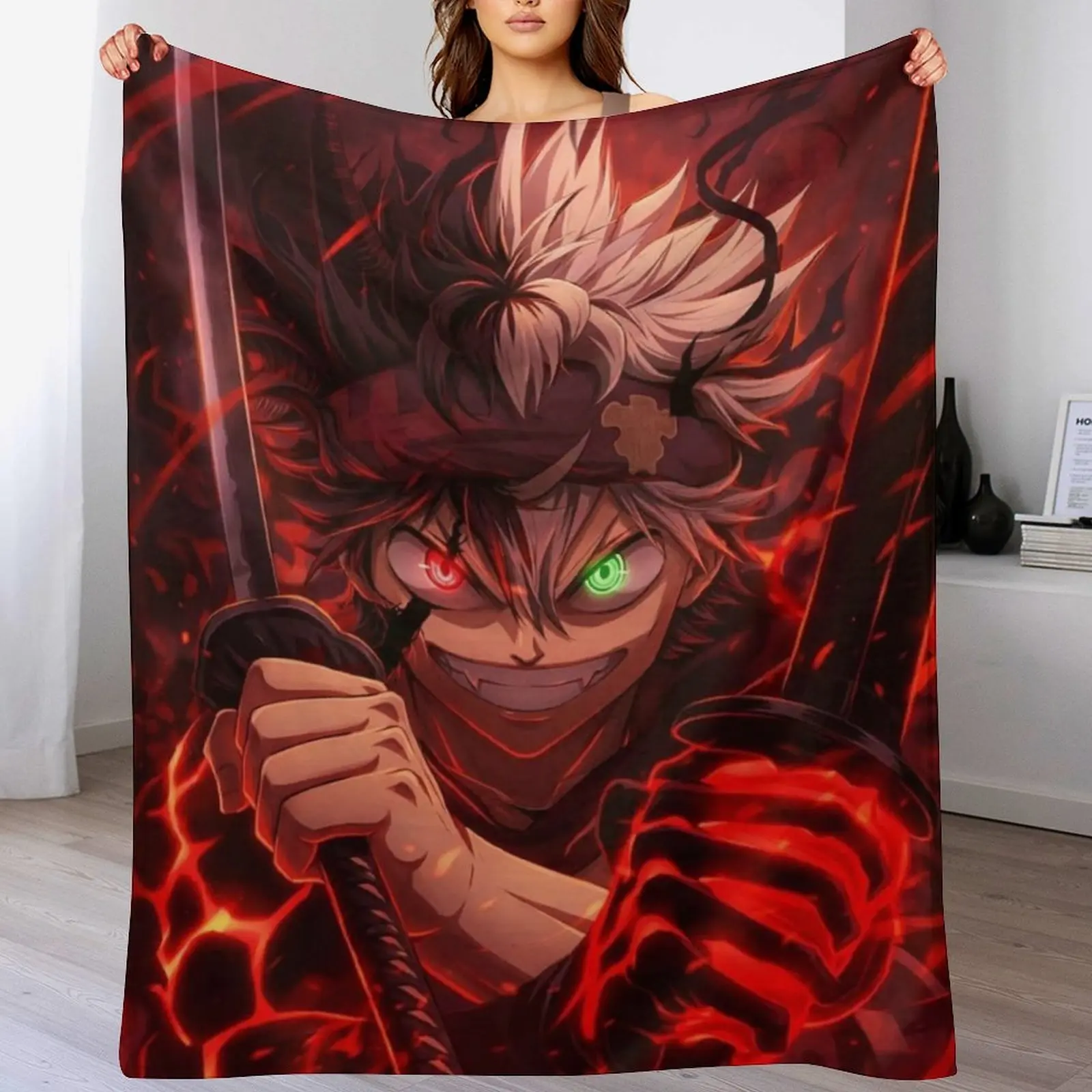 Black Clover Asta Flannel Throw Blanket, Two-Toned Eyes Anime Swordsman Print Fleece Blanket, Cozy Warm Blanket for Anime Fans Bedroom Couch