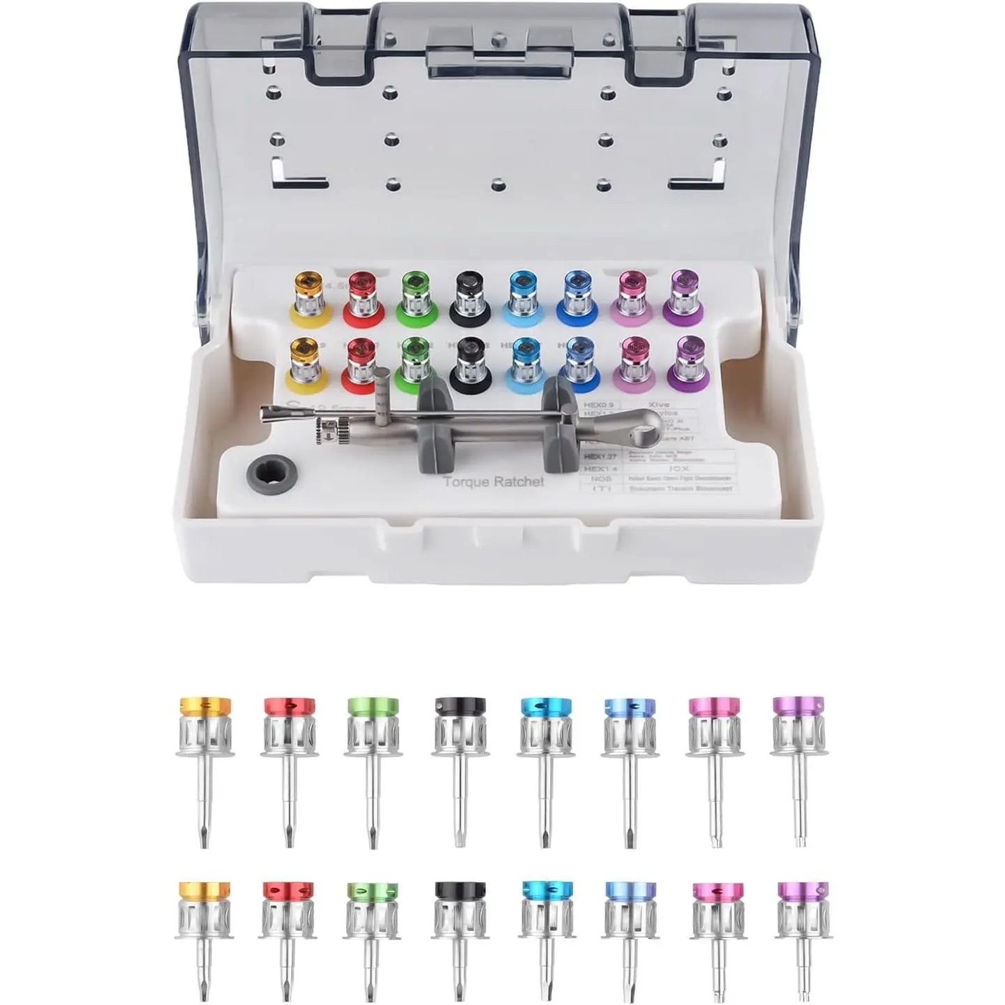 Global-Dental Colorful Implant Prosthetic Universal Torque Wrench Kit Screwdriver Tool Adjustable Value of 10-70Ncm with 16 Screwdrivers