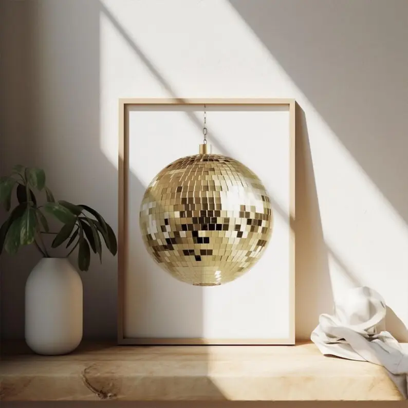 Gold Glitter Disco Ball Print Trendy Wall Art Poster Kitchen Wall Art, Living Room Print, Bedroom Poster Preppy Aesthetic Modern Wall Art