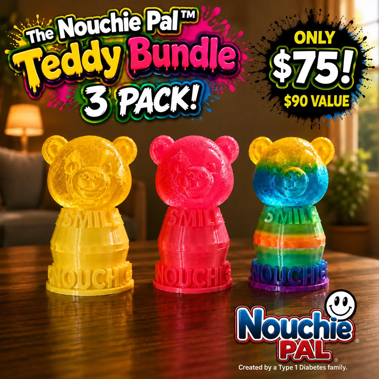 NOuchie Pal Comfort Bear (3-Pack) Injection Comfort Sphere for Kids, Adults & Caregivers – More Comfort, More Happy - Multiple Colors