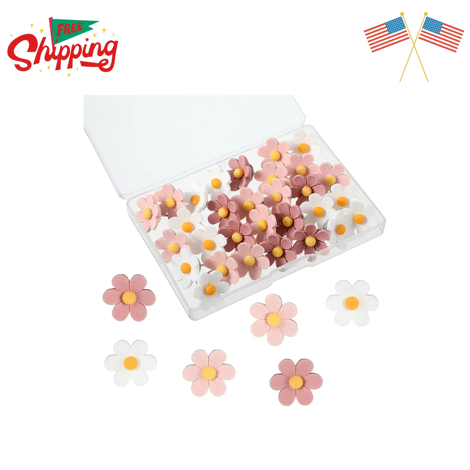 Flower Push Pins, 30Pcs Thumb Tacks for Cork Board, 0.9Inch (Pink + White)