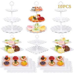 10-Pack Dessert Table Display Set, 6 Cupcake Stands and 4 Dessert Trays, Plastic Dessert Display Stands and Cake Stand, Treat Table Displays Set for Wedding, Baby Shower, Tea Party (White)