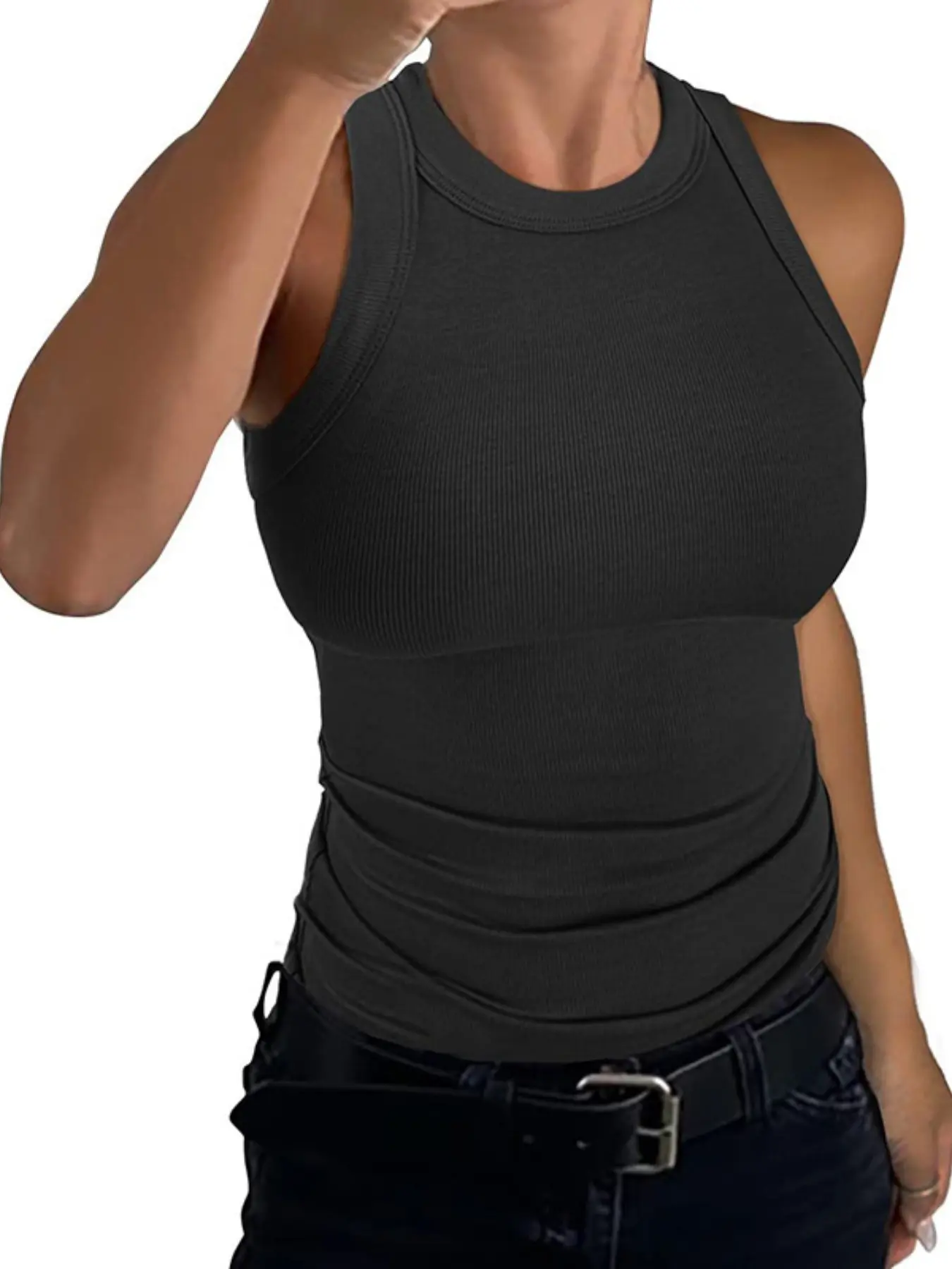 Women's Breathable Casual Soft Sleeveless Racerback Tank Top, High Neck Basic Cotton Ribbed Fitted Design, Perfect for Everyday Wear & Holiday
