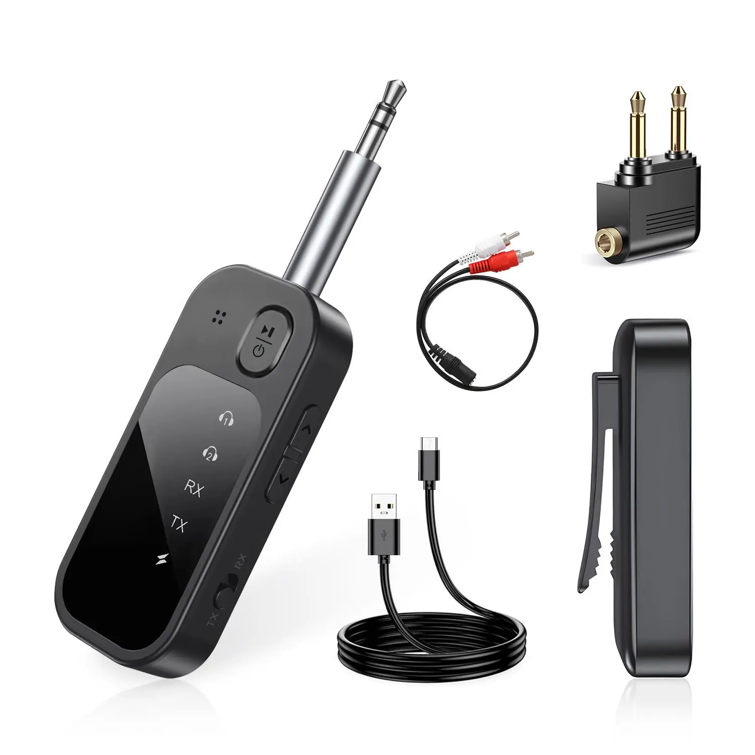 Bluetooth 5.4 Transmitter Receiver for Airplane & Car, 2-in-1 Wireless AUX Jack Adapter, Travel Essentials Dual Link for AirPods Headphones