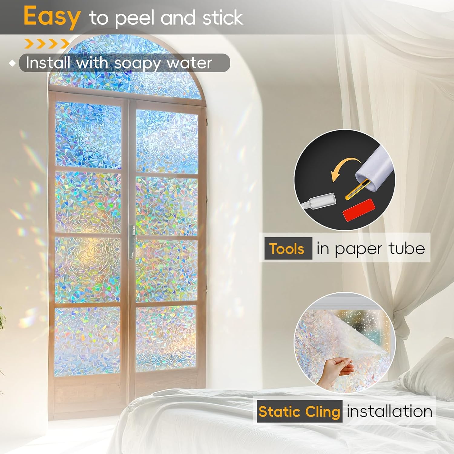 3D Rainbow Window Privacy Film - Aesthetic Suncatcher Static Cling, Decorative Stained Glass Sticker for Home DIY (17.5" x 78.7")