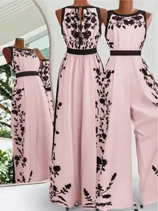 Women's Floral Plant Print Sleeveless Jumpsuit, Fit High Waist Wide Leg Backless Tie Jumpsuit, Vacation/everyday/island/picture/wearable/ambient Commute
