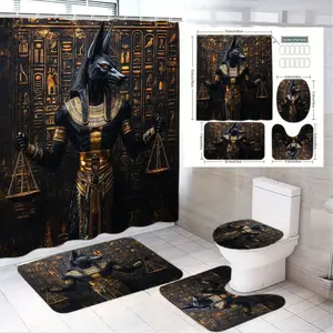 4pcs Egyptian Anubis God Shower Curtain Set 4 Pieces - Dark Golden Hieroglyphics Jackal Head God Statue Bathroom Decor, Toilet Lid Cover, Bath Mat & Rug - Ancient Egyptian Theme for Halloween, Egyptian Themed Party, Home Bathroom Upgrade
