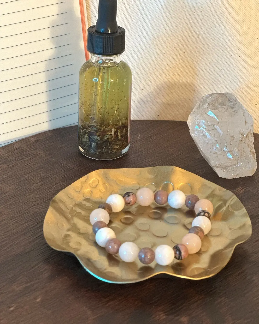 Unisex Handmade Beading Stretch Bracelet by Root & Rhythm - Approx. 7" Stretch Fit Unique Piece with Natural Variations, Gentle Becoming Pink Opal, Rhodonite, Moonstone Semiprecious Stones