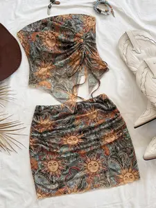 American Retro Sun Print Crop Top Set, Boho Sun Print Two-Piece, Backless Tie-Back Top + Pleated Skirt, Vacation Streetwear