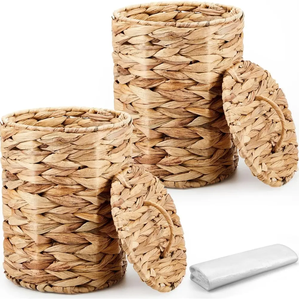 2 Pieces of Small Natural Wicker Trash Can Set - Woven Waste Baskets with Lid, 100 Trash Bags, 19x19x25 cm (7.48x7.48x9.84 inches), Durable, for Bathroom Decoration & Farmhouse Cleaning Use