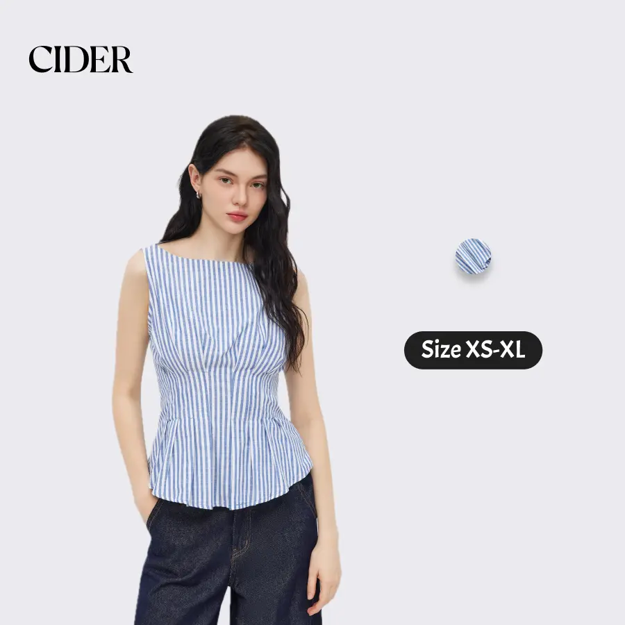 Cider Cotton-blend Boat Neck Stripe Pleated Tank Top Elegant Classy Camisole Tops