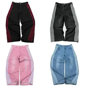 sack jeans, retro striped embroidered high-quality sports pants, men’s and women’s hip-hop casual wide-leg jeans, streetwear