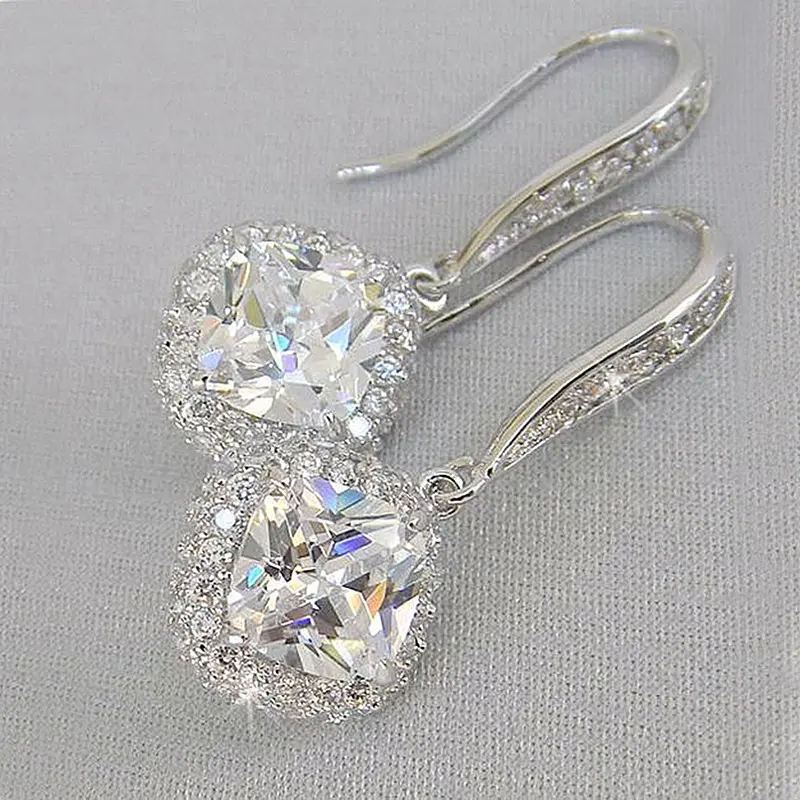 Elegant Women's Square Shiny Zirconia Inlaid Dangle Earrings - Luxury Simple Exquisite Copper Silver Plated Earrings, Wedding, Engagement, Party Jewelry Gift