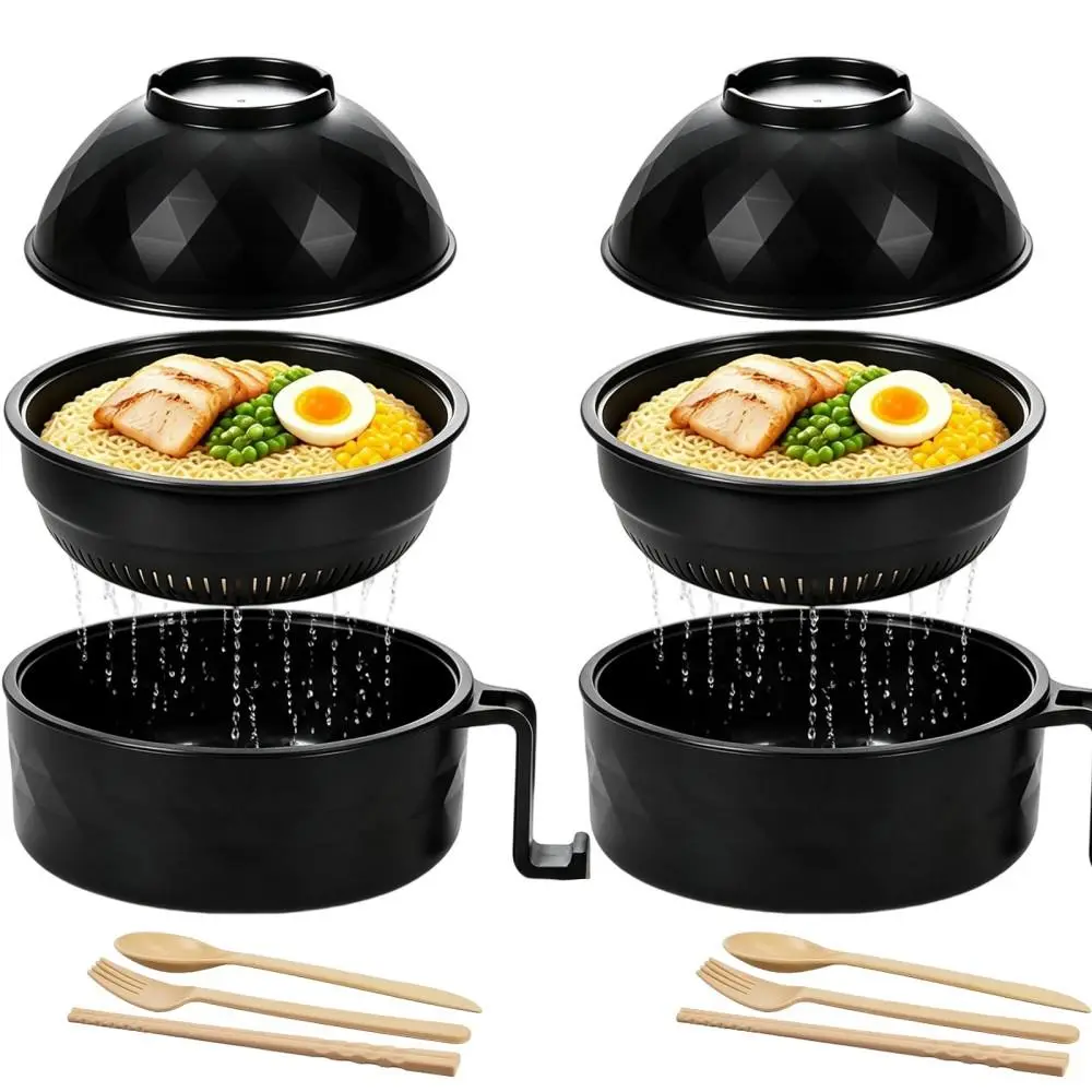 Microwave Safe Wheat Straw Tableware Set, Heat Insulated Noodle Bowl with Filter Lid and Complete Utensils for Apartment Living(Top bowl-Black*2）