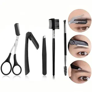 5pcs Eyebrow Grooming Razor Tool Set, Multi-Purpose Cosmetic Beauty Kit with Exfoliating Skin Smoothing Tools, Foldable Razor, Tweezers, Brow Trimmer, Brushes, Makeup Tool Set, Eyebrow Styling Kit