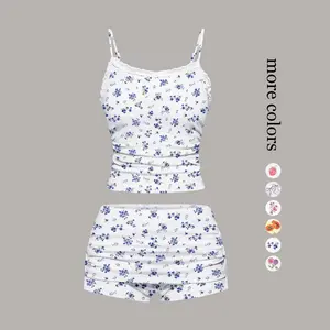 TFNOSIZE women’s cute printed pajama set featuring an adjustable spaghetti-strap top with lace detailing and elastic-waist shorts; short summer loungewear/sleepwear set for women