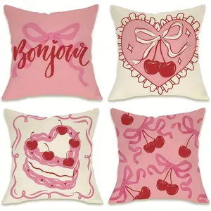 4pcs-Pink Coquette Bow Decoration Throw Pillow Covers, Cherry Love Cake Pattern, Home Décor Products, Cushion Cover Decoration for Couch Sofa, Room Decor and Bedroom Decor, Single Sided Printing, No Pillow Core