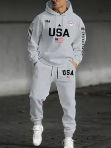 Men's Letter Flag Print Hoodie Set, Kangaroo Pocket Drawstring Hooded Sweatshirt + Waistdrawstring Sports Pants 2 Piece Set