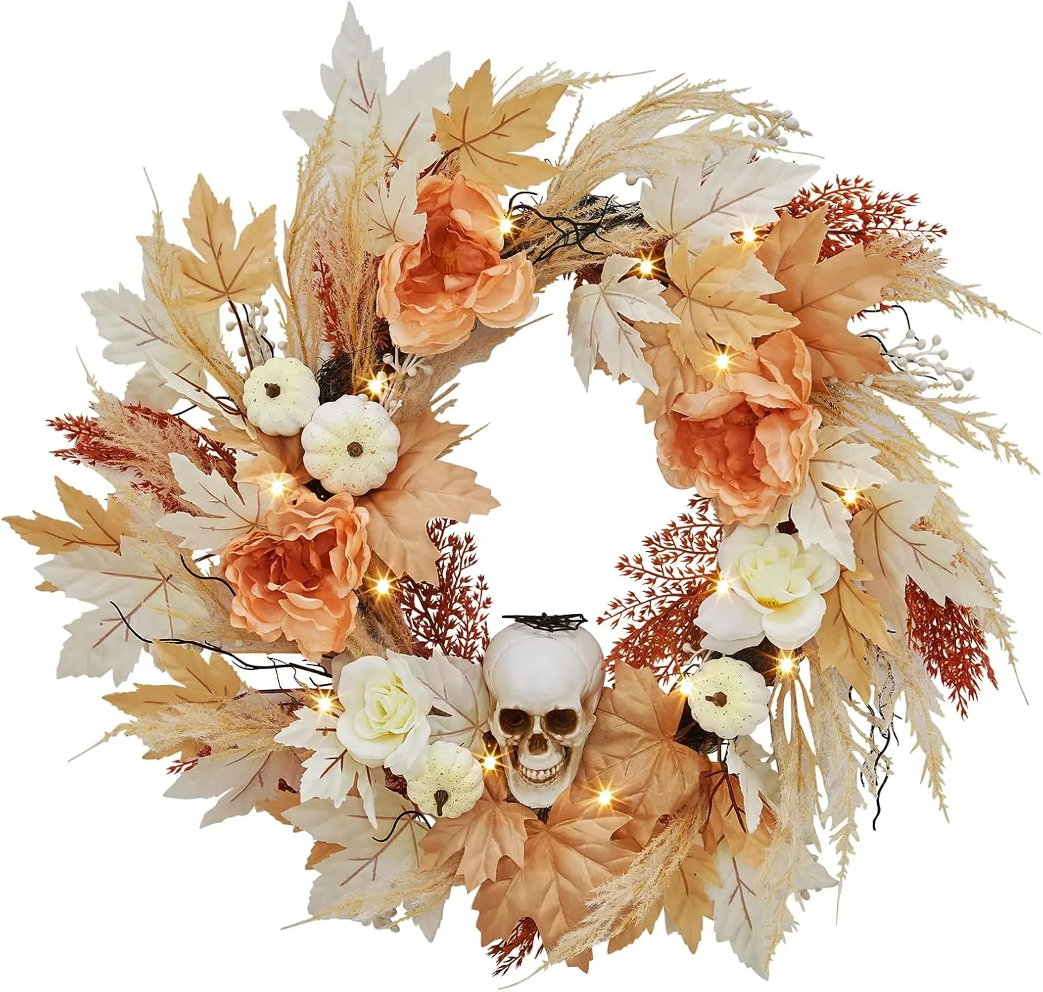 Halloween Wreaths for Front Door with Lights, 22 Inch Prelit Skull Wreath with White Pumpkins Rose Maple Leaves for Indoor Outdoor Wall Window Front Door Porch Mantle Halloween Decoration