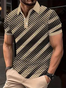 Men's Geometric Pattern Short Sleeve Casual Top, Digital Print Outdoor Leisure Shirt, Fitted Design, All Seasons Wear