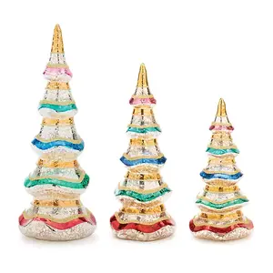 Multicolor Mercury Glass Christmas Trees Set of 3 with Reflective Gold Finish and Glitter Accents for Tabletop Use