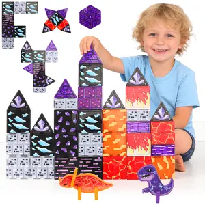 deAO Dinosaur Toys Magnetic Tiles Lava Cave Dinosaur World Set - 40PCS Magnetic Building Blocks for Kids 3-5 5-7 Girls Boys Toys Age 4-6 6-8, STEM Sensory Birthday Gifts for 3+ Year Old Kids Toy