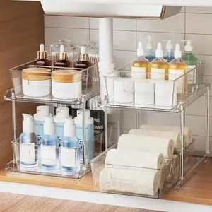 Pull-out Home Organizer, 2 Pack 2 Tier Clear Bathroom Organizer with Dividers, Multipurpose Vanity Counter Tray, Kitchen, Closet Organizers, Cabinet &amp; Storage Container Bins