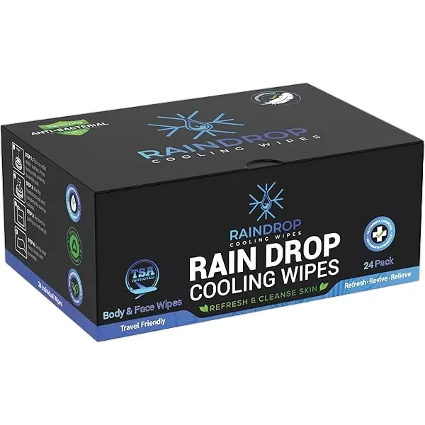 Raindrop Cooling Wet Wipes - Menthol Formula, TSA Friendly, Eco-Friendly, Skin-Friendly, Refresh & Cleanse Skin, Travel Friendly, 24 Pack