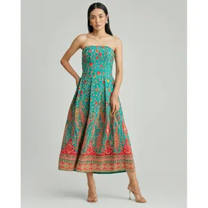 Ayva Strapless Dress –  Green - Turquoise Jewel Tone with Intricate Embroidery, Calf-Length A-Line Silhouette, Elegant & Vibrant, Hidden Back Zipper, True to Size, Perfect for Day-to-Night Transitionseen