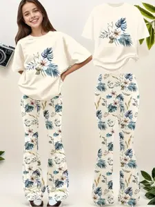 Girls' 2-Piece Set Floral Print Round Neck Pullover & Bell Bottoms, Casual Style Medium Elastic Fabric, Perfect for Summer & Fall Clothes
