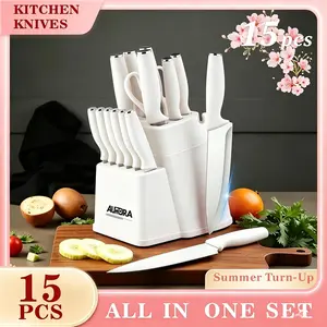 15-piece kitchen knife set (includes knife holder and cutting board), stainless steel blades, sharp chef’s knife, steak knife, scissors, ergonomic handles