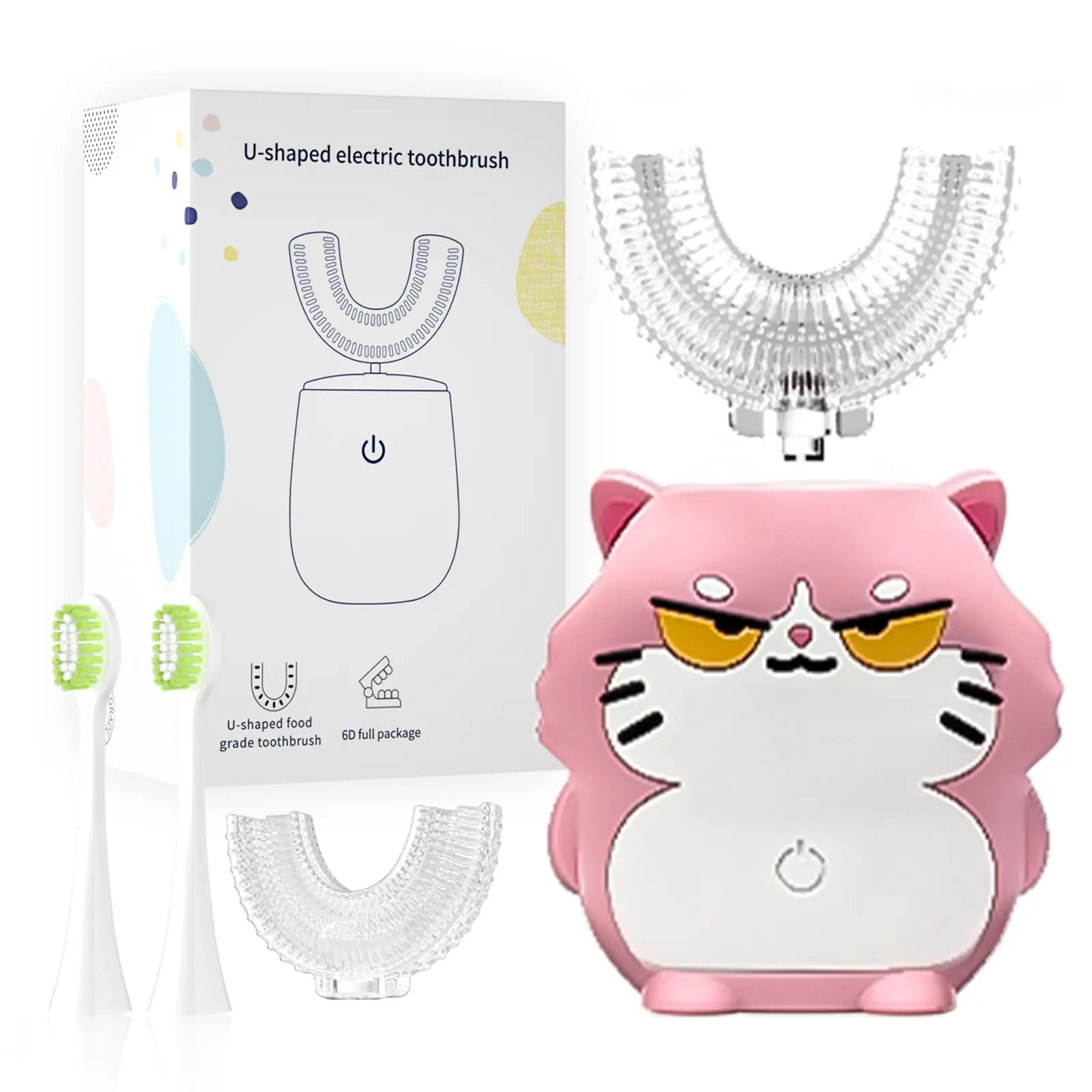 Kids Electric Toothbrush U-Shaped,6 Brush Heads Five Cleaning Modes IPX7 Waterproof Design Mermaid Rechargeable Smart Timer for Children-Kids