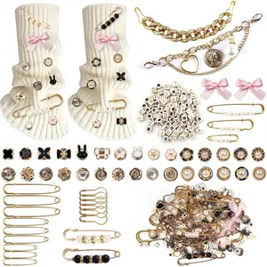 151 Pcs Socks Charms Kit Shoe Charms For Sneakers Golden Charm With Letter Beads, Pearl Brooches And Pins, Rhinestones Suitable For Shoes, Stockings, Coats, Jackets, And Shirt Collar Cuff Trims