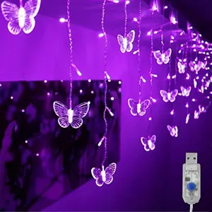 Purple-Butterfly Curtain Lights, 13.1FT 96 LED USB Fairy String Lights with 10 Butterfly Decorations, 16 Strands, 8 Lighting Modes, Window Twinkle Lights for Bedroom, Girls Room, Wall, Party & Christmas Decor