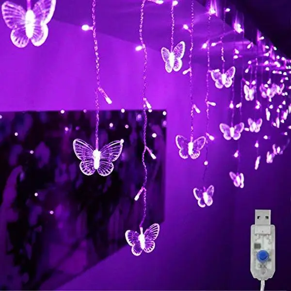 Purple-Butterfly Curtain Lights, 13.1FT 96 LED USB Fairy String Lights with 10 Butterfly Decorations, 16 Strands, 8 Lighting Modes, Window Twinkle Lights for Bedroom, Girls Room, Wall, Party & Christmas Decor