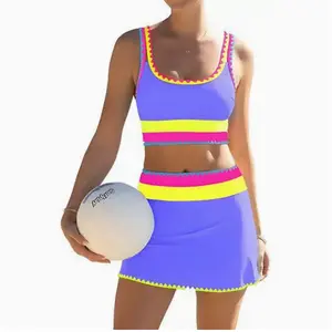2026 Women Three-Piece Bikini Set Beach Ball & Kayak Print High Waisted Adjustable Wide Straps Fluorescent Sporty Swimwear UV400 Protection For Summer Beach