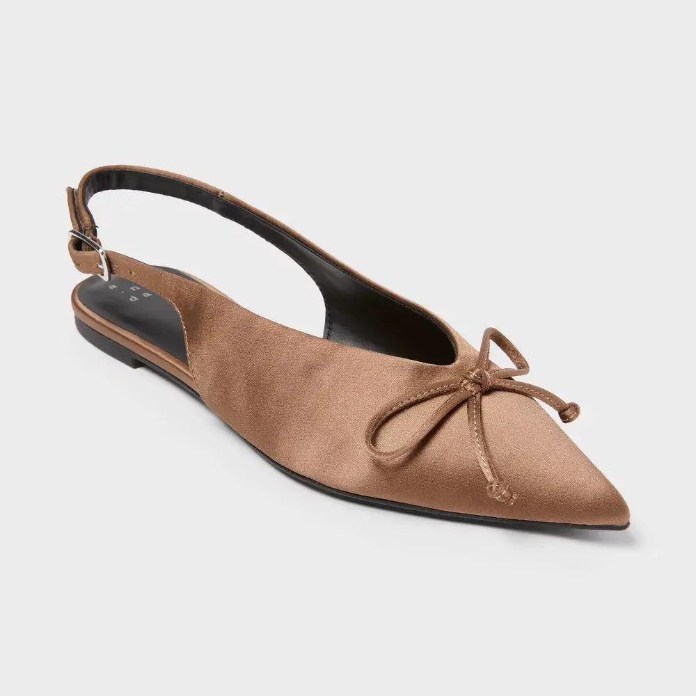 Women’s Camille Satin Slingback Bow Flats - A New Day, Shoes for Women with Polyurethane Synthetic Upper, Ankle Strap and Buckle Closure, 2% Zinc Alloy