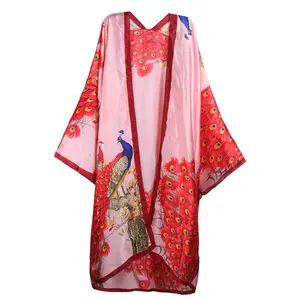 WEHELLO Peacock Kimono Robe  Hand-rolled Silk Rayon Maxi V-neck Bohemian Print Dress Soft Boho Casual Long Sleeve Women's Elegant Love Piece for Beach & Casual Outings Clothes Style